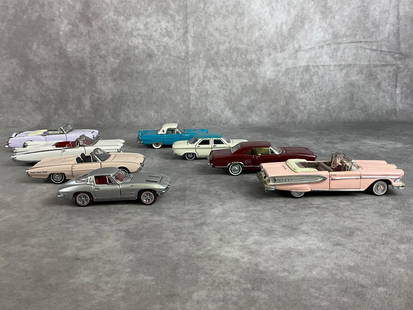 Franklin Mint Die Cast Cars: Eight Franklin Mint die cast replicas. All in good condition. White convertible measures 5.5 inches wide x 1.5 inches tall.