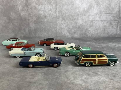 Franklin Mint Car Models: Eight Franklin Mint die cast replicas. All in good condition. Dark green measures 5 inches wide x 1.5 inches tall.