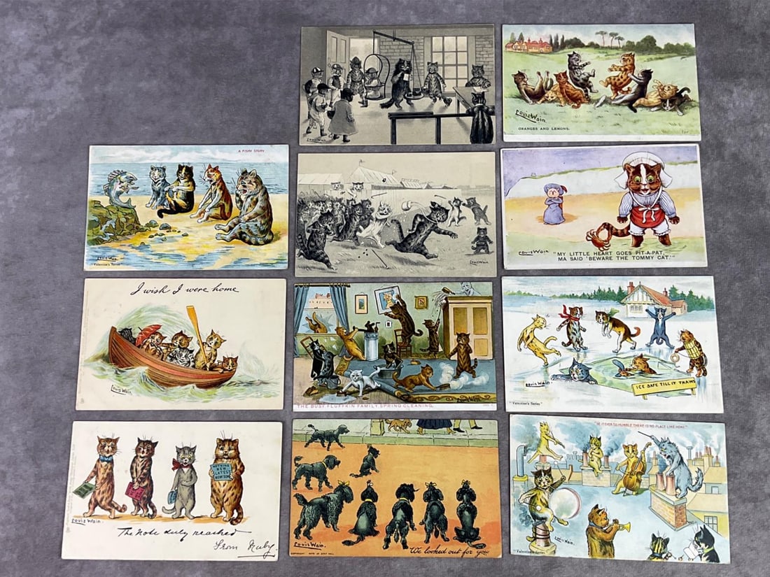 Louis Wain Postcards: Lot of eleven Louis Wain postcards featuring anthropomorphic cats. Circulated and non, all in plastic sleeves. Each measures 5.5 inches wide x 3.5 inches tall.