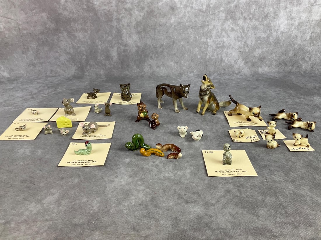 Hagen Renaker Mice & More: Lot of thirty Hagen Renaker miniatures including mice, wolves, cats, and more. All in good condition. Wolf measures 2.5 inches wide x 2 inches tall.