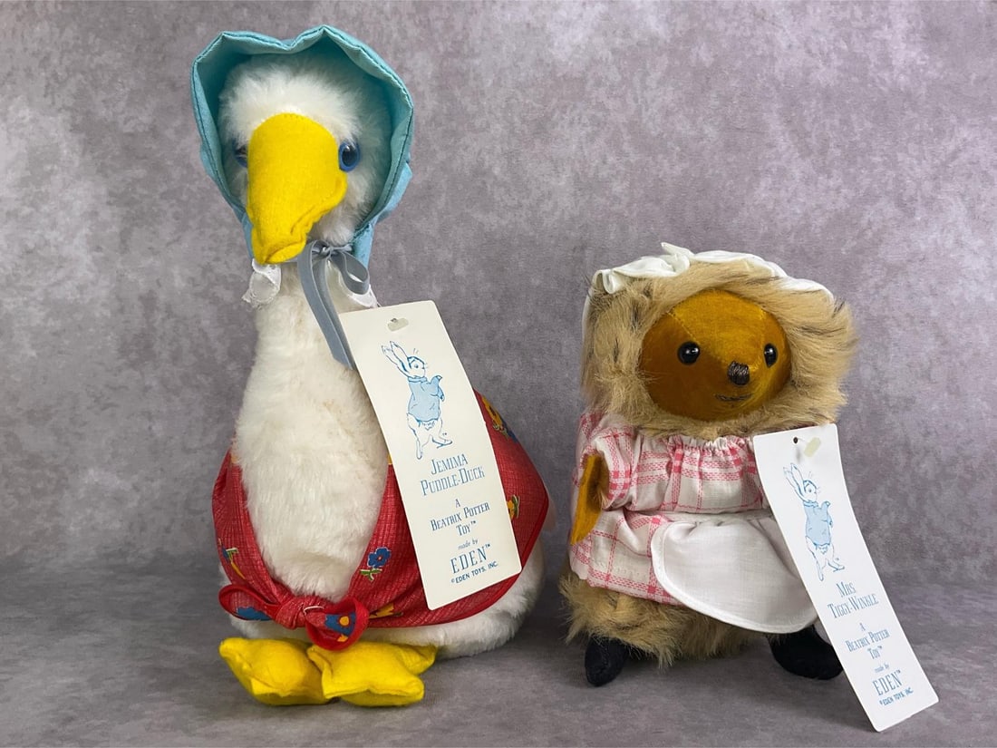 Eden Jemima Puddle-duck & Mrs. Tiggy-winkle Stuffed Animals: Lot of two Eden Toy Co. stuffed animals. 30507 Jemima Puddleduck and 30506 Mrs. Tiggy Winkle. Both are new in box with tags, in good condition. Boxes have minor creasing and tears on box closure. Larg