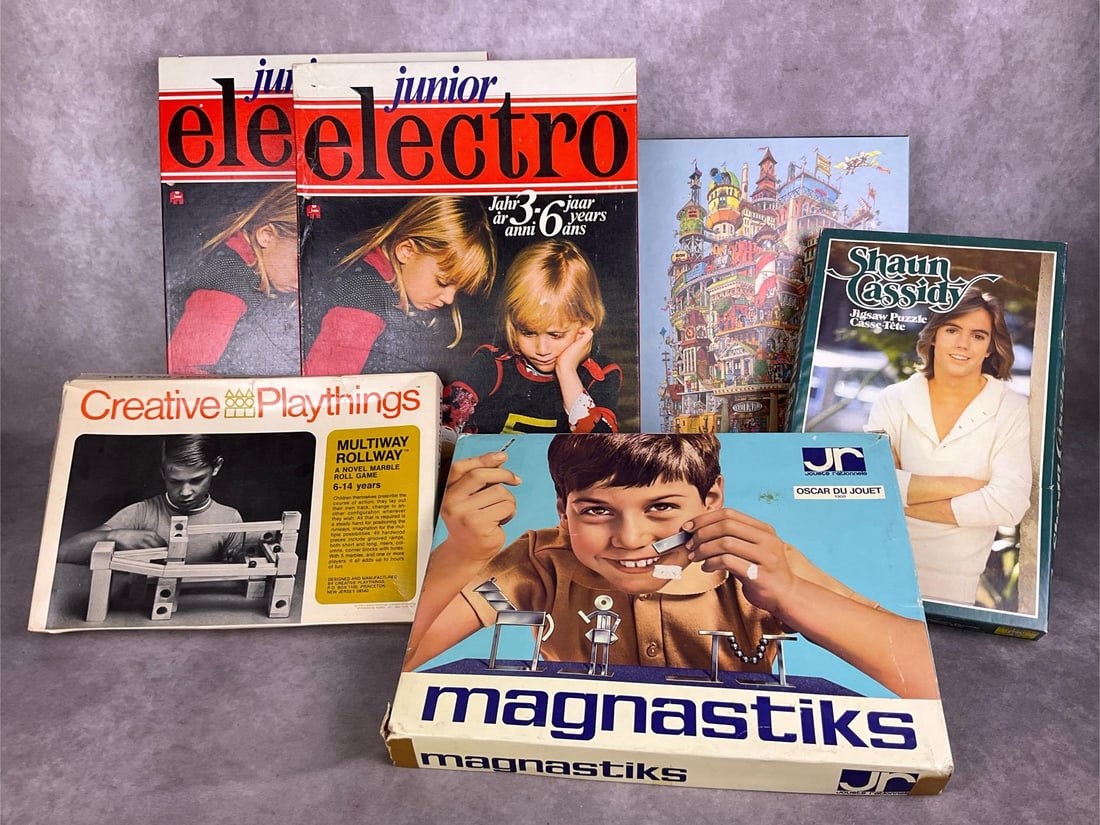 Vintage Puzzles & More: Two Junior Electro educational toys, Verticalville & Sean Cassidy puzzles, Magnastiks toy, Creative Playthings Marble Roll Game. Puzzles appear complete but not verified. Largest puzzle measures 12.5