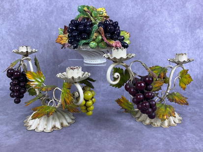 Italian Grape Decor: Two vintage Italian metal candlestick holders, one Italian ceramic grape basket table decoration. Ceramic basket marked Made In Italy ER 400. Ceramic basket has some paint loss. Candlestick holders me