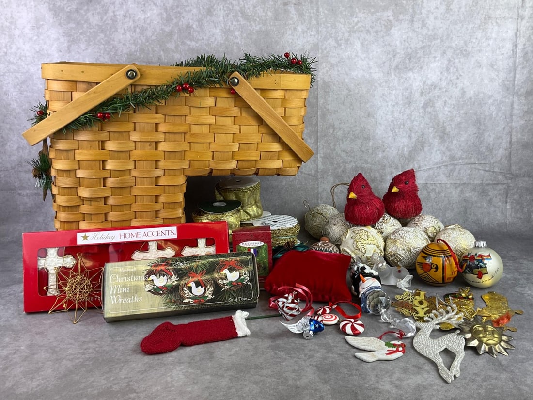 Christmas Decor: Lot of Christmas ornaments, ribbons, and stairway basket. All in good condition. Basket measures 8 inches wide x 14 inches tall.