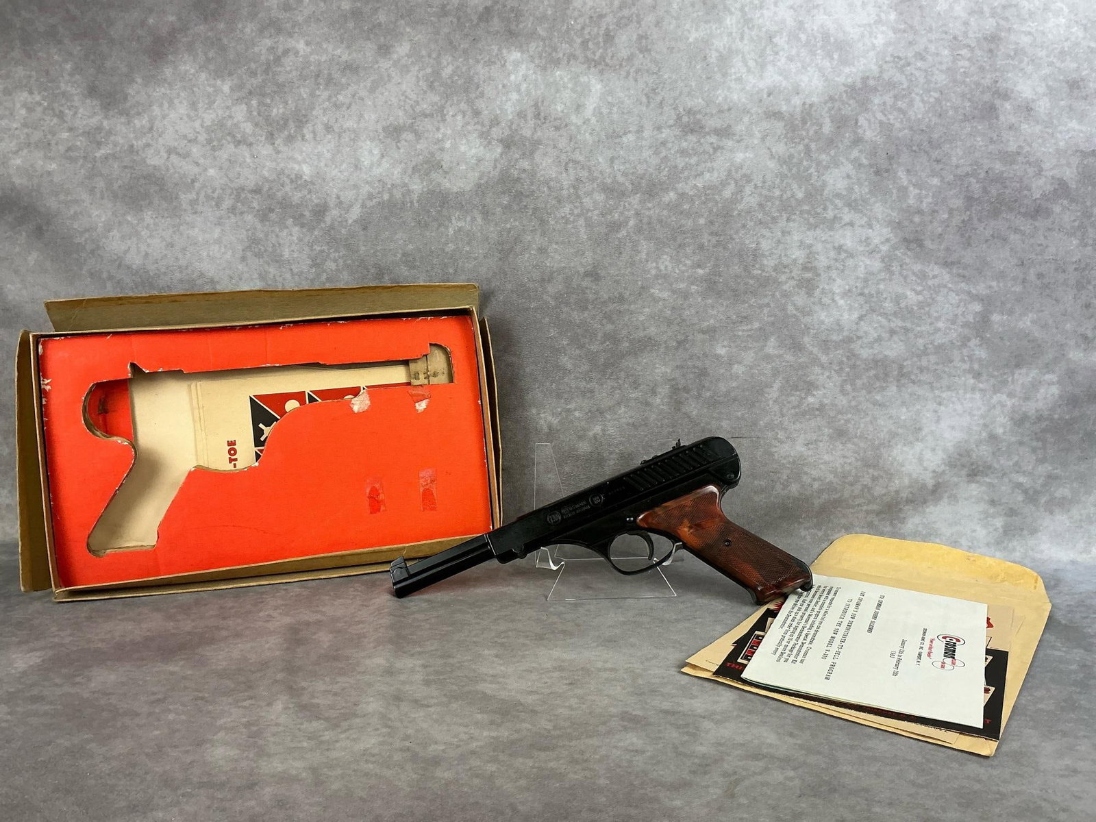 Crosman V-300 Lever Action BB Pistol: 1963, model JS-300, .177 caliber. Jobber Salesman Demonstrator. This is a promotional bb pistol with paperwork for the salesman, which has never been completed. Good conditon with original box and tar