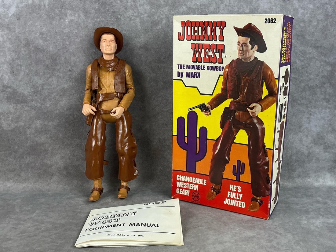 Johnny West Doll: 1967 Moveable cowboy made by MARX. No. 2062. Appears complete with original box, accesories and equipment manual. In good condition. Box has minor creasing and measures 6.5 inches wide x 4 x 12 inches