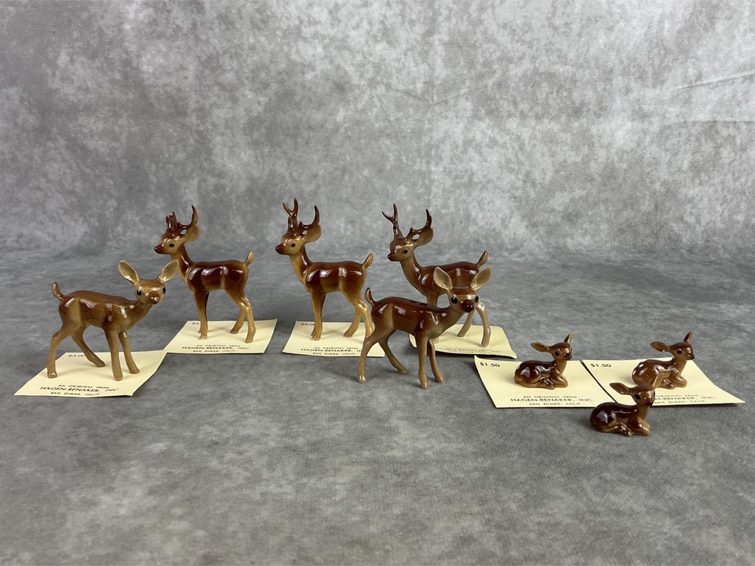 Hagen Renaker Deer: Lot of eight Hagen Renaker deer. One buck has a broken antler, others are in good condition. Largest measures 2.25 inches wide x 2.75 inches tall.