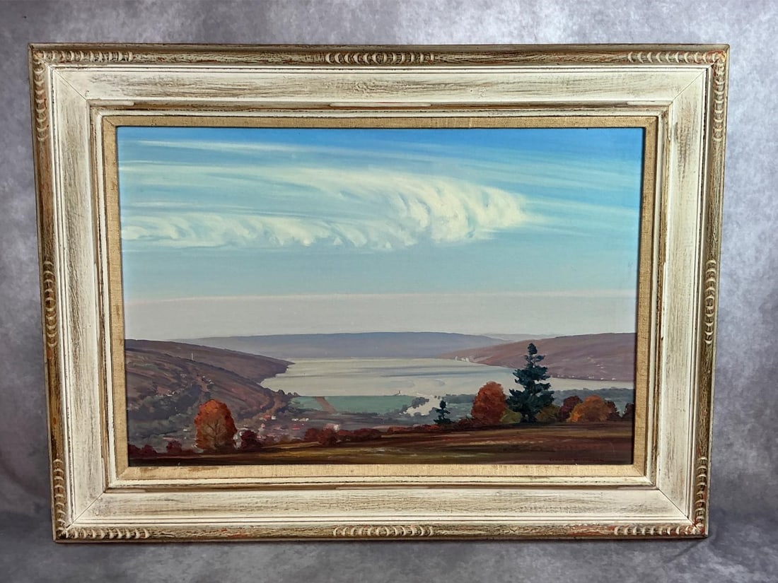Kenneth Washburn Painting: Painted in 1944 by Kenneth Washburn, painting is titled Cayoga Lake. Oil on canvas in a wooden frame finished in gesso. Signed in bottom right corner, more information about the painting located on ba