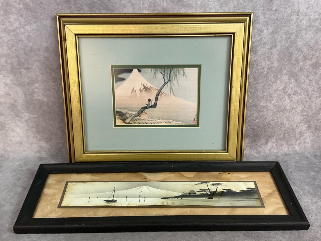 Asian & Egyptian Art Work: Hokusai print of a boy viewing Mt. Fuji. Hand painted panoramic waterfront view framed in Pulaski, VA by Seattle's. Water damage to picture. Two authentic Egyptian hand painted images on papyrus, one 