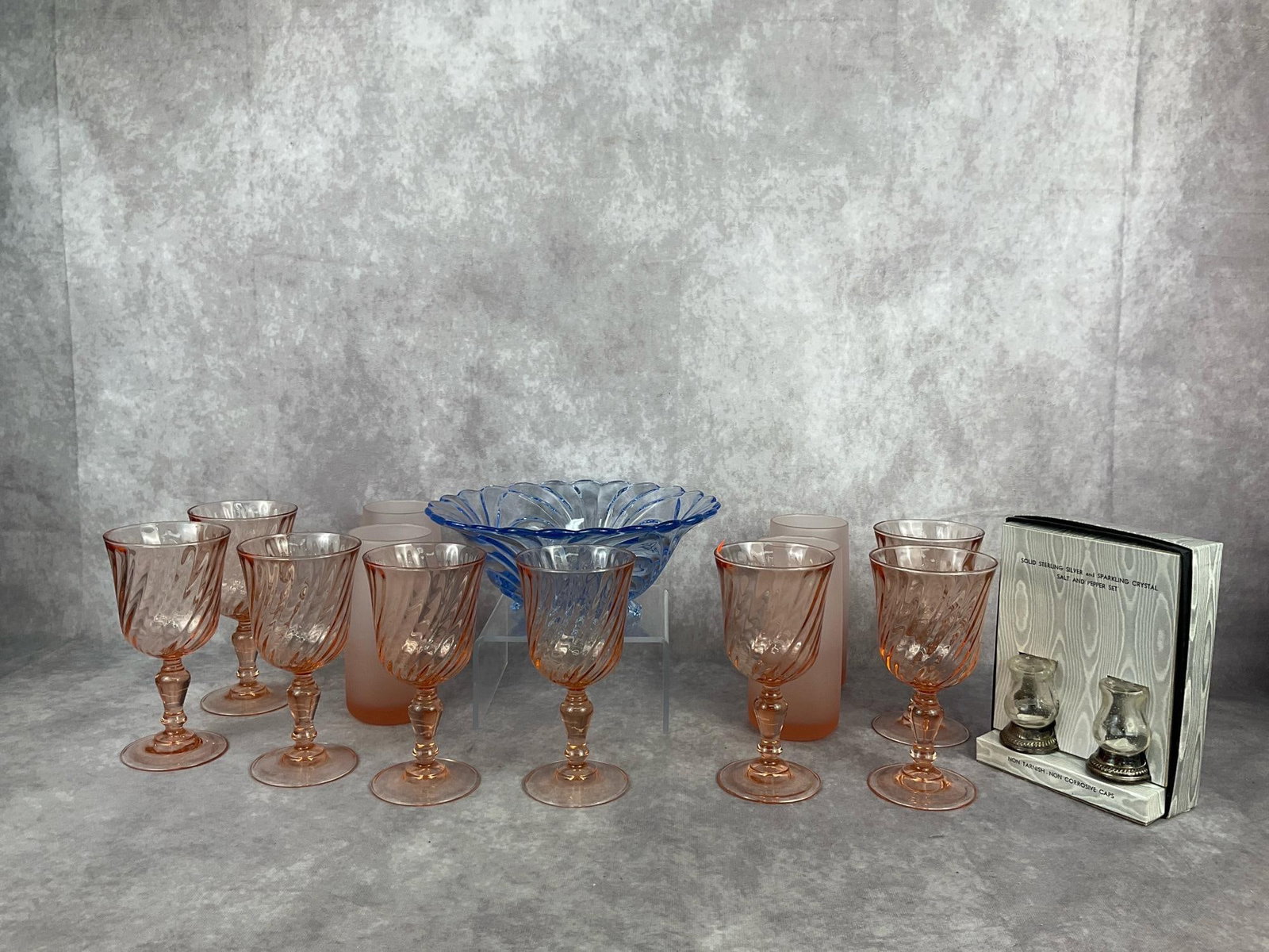 Depression Glass Group: Eight Rosaline swirl glasses marked France, one blue Cambridge Caprese footed bowl, four frosted tumblers marked France, and a set of solid sterling and sparkling crystal salt and pepper shakers, in t