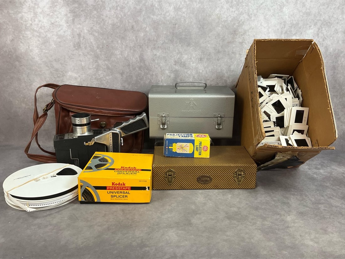 Bell & Howell Electric Eye & More: Bell and Howell Electric Eye movie camera with carrying bag. Box full of over 250 military slides. Kodak universal splicer in box, GE Projection Lamp bulb, three spools of film, and two film boxes. Al