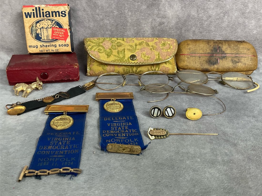 Virginia Delegate Ribbons & More: Two 1924 Virginia State Democratic Convention Norfolk ribbons, black ribbon watch fob, gentleman's engraved stick pin, antique glasses with two be 12k gold filled, and more. All n fair condition. Blue