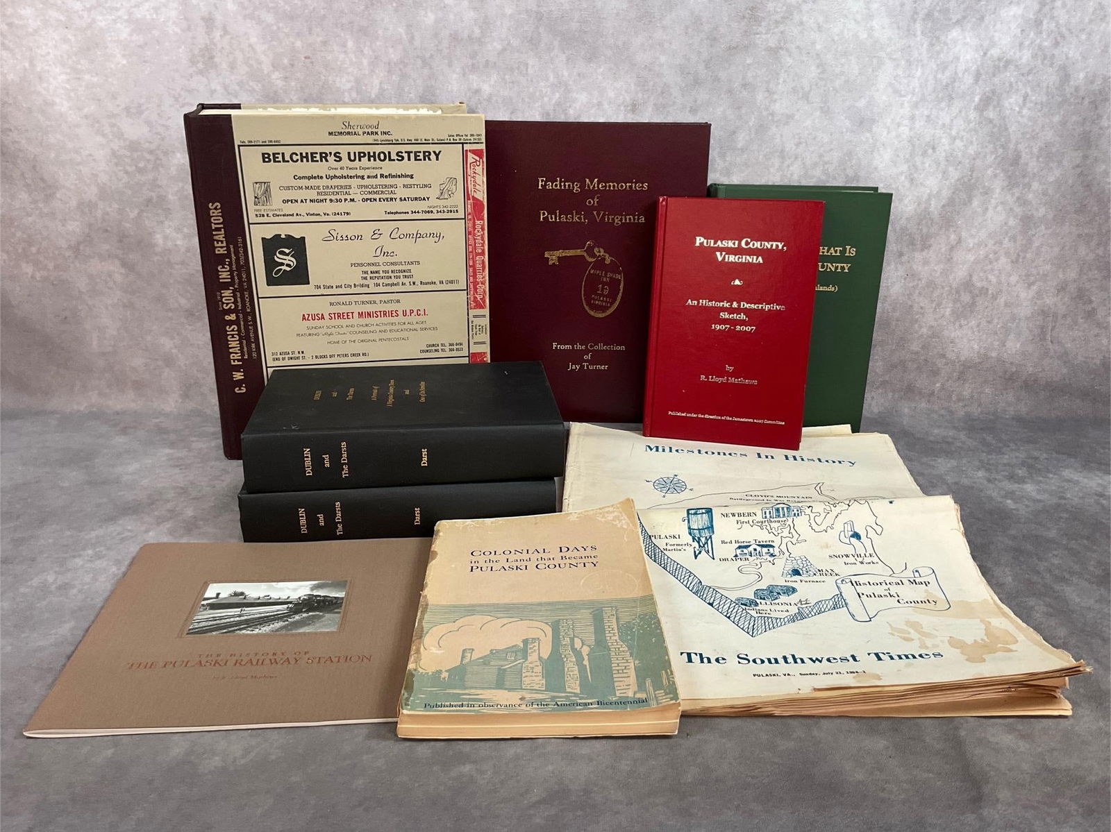 Local Interest Books: Eight Pulaski County Virginia books, and one 1988 Roanoke area telephone book printed to look like the antique directories. Subjects include the history of the county, Colonial days, Maple Shade Inn,
