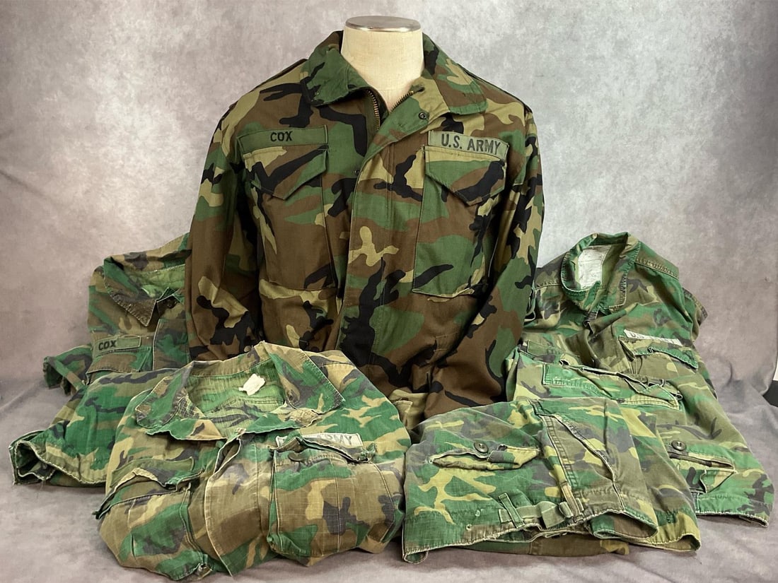 Vintage Military Fatigues: Three sets of fatigues and one jacket. All in the BDU pattern, used until the early 2000s. All have US Army, Cox, and Special Forces patches. Jacket is size medium regular, shirt jackets are medium sh