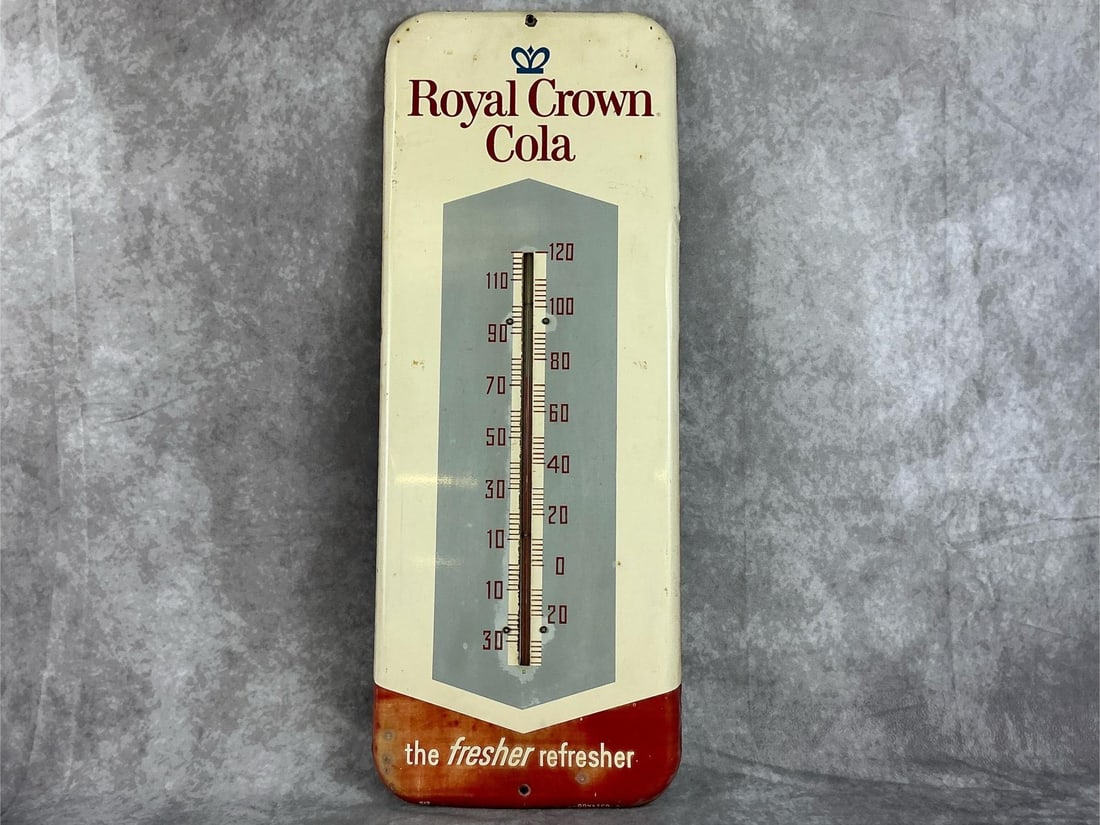 Royal Crown Advertising Thermometer: 1950s RC Cola tin advertising thermometer. Paint loss and rust present, but overall good condition for age. In good working order. Measures 9.5 inches wide x 25 inches tall.