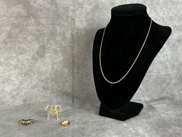 14k Gold Rope Chain, Brooches & Pendant