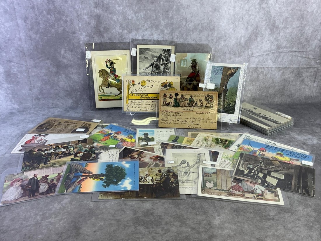 Black Americana Postcards: Lot of forty seven Black Americana postcards. All in good condition with some circulated and uncirculated. Each measures 3.5 inches wide x 5 inches tall.