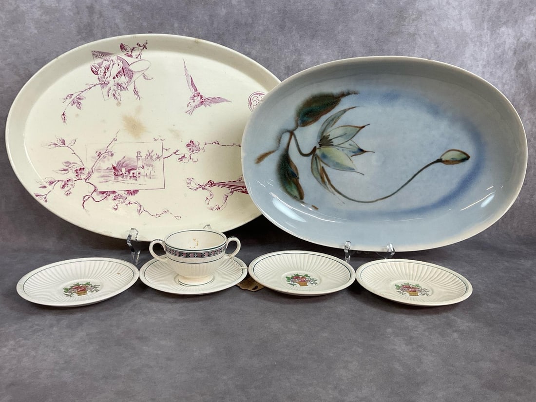 Wedgwood & Furnival Dinnerware: 1880s Furnival Formosa Japonisme serving platter with mulberry transferware on front. Makers marks on back for Oriental Ivory by Powell, Bishop, and Stonier. Early 1900s Wedgwood Belmar Etruria Englan