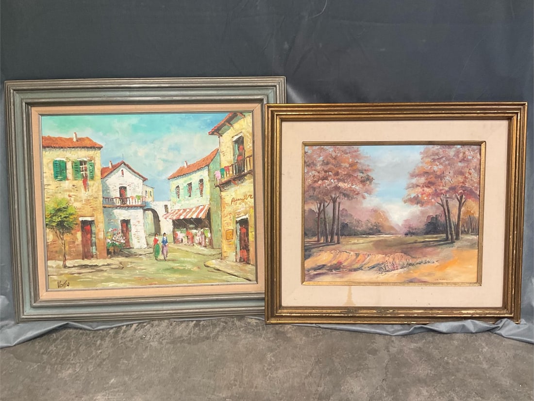 Signed Oil Paintings: Spanish street scene painted on canvas, signed Voila in bottom left. Outdoor scene painted on board, signed Else Pedersen in bottom right. Damage to bottom of outdoor scene painting. Largest measures 