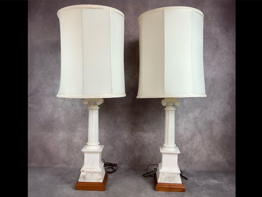 Marble Base Lamps: Early 1900s matching pair of marble lamps on a wood base with cloth shades. Both lamps are tested and working. Chip out of marble on one lamp, some damage to shade of other. Each one measures 6 inches