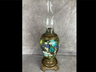 Antique E. Miller Hand Painted Ceramic Oil Lamp