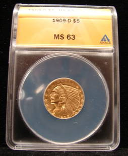 1909D Indian Gold Half Eagle: 1909 D $5 Indian gold half eagle graded MS63 by ANACS.