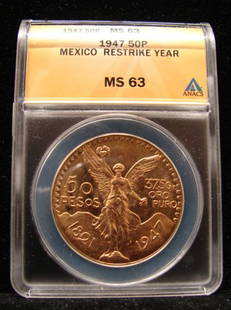 1947 Mexico Gold 50 Pesos: 1947 Mexico Gold 50 Pesos restrike graded MS63 by ANACS.