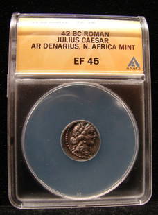 47-46 BC Roman Julius Caesar: 47-46 BC Roman Julius Caesar AR Denarius, North Africa mint. Graded extra fine 45 by ANACS. Superb blue toning. Date on holder is incorrect.