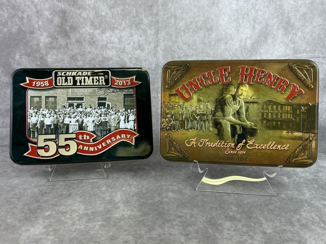 Schrade Old Timer Sets: Lot of two 55th Anniversary Schrade Old Timer three knife sets. Both in good condition and in original boxes. Box measures 8 inches wide x 5.75 inches tall.