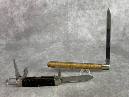 Case XX Knives: Lot of two Case XX knives, one camper pocket and one single blade watermelon. Both in good condition, handles replaced on watermelon knife. Patina present, tight snaps. Watermelon closed measures 5.5