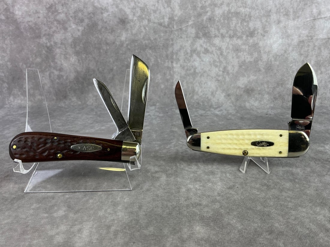 Case XX Knives: Lot of two Case XX knives, one curved Jack Loom fixer and one natural bone sleeve snowshoe pocket knife. Both in good condition, tight snaps, patina present. Bone handle closed measures 4 inches long.