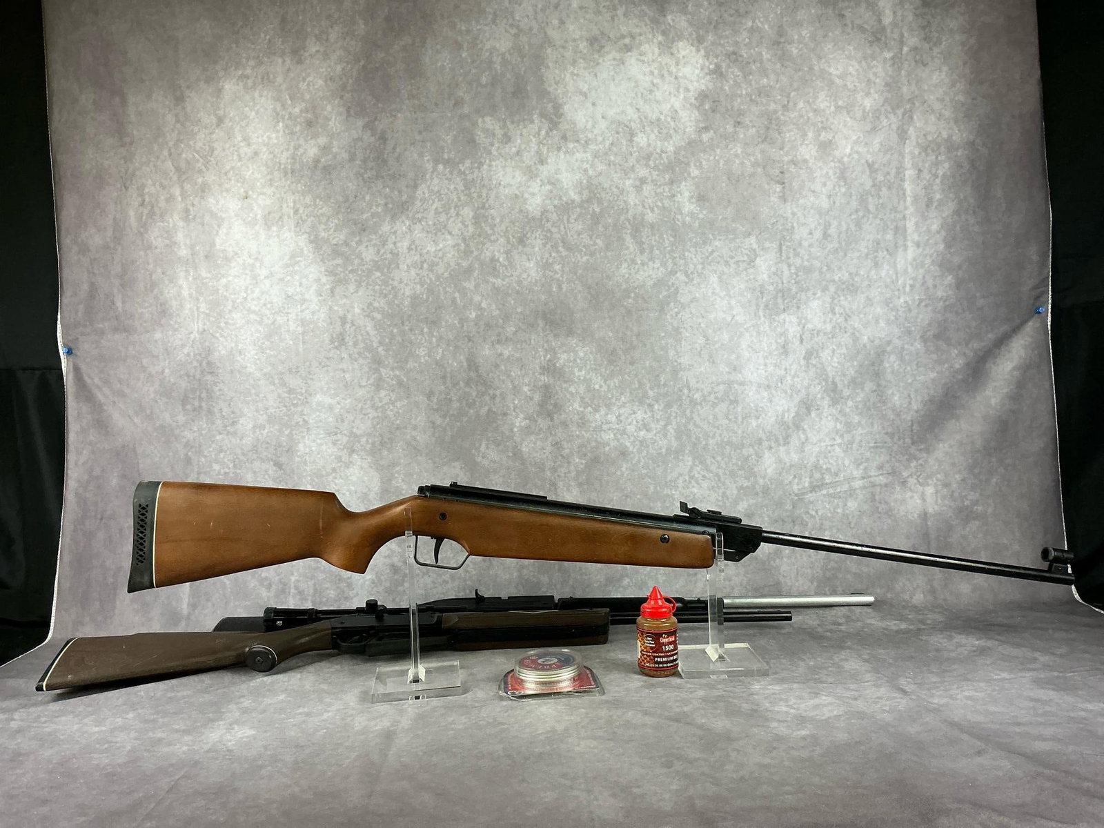 Three BB Guns: Three BB guns and pellets. Brands are Daisy, Powermaster, and Diana. Fair condition to all. Diana measures 47 inches total.
