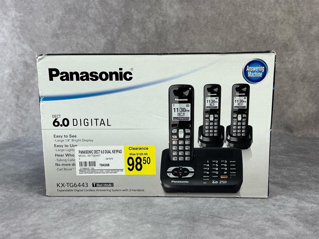 Panasonic Digital Cordless Answering System: New in box, Panasonic KX-TG6443 Answering System, sealed in box. Includes three handsets, two chargers, one base, headset jack and belt clip. 18 minutes of storage, four way conferencing, takes AAA ba
