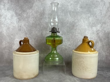 Stoneware Jugs & Green Oil Lamp