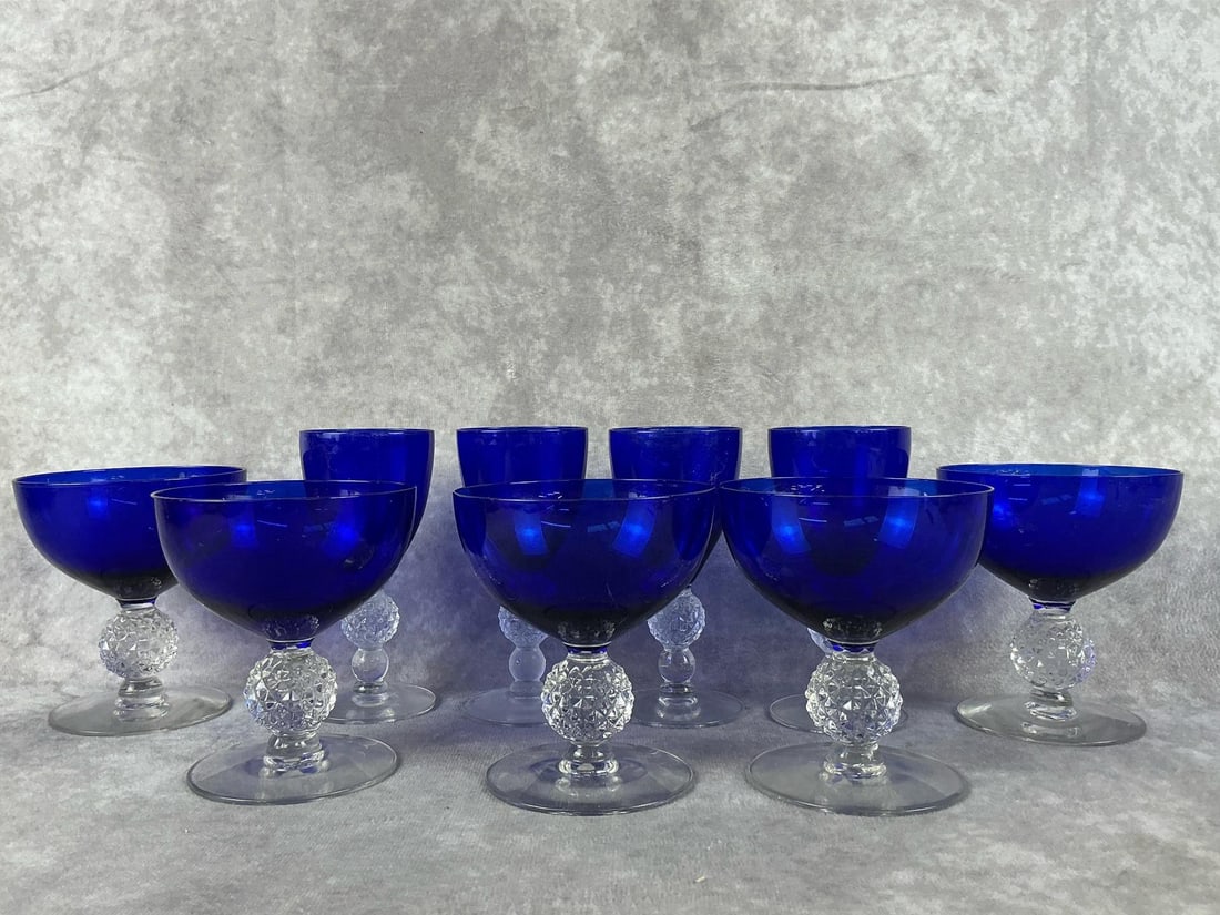 Morgantown Colbalt Golfball Glasses: Four wine glasses and five sherbet glasses. All in good condition. Sherbet glasses measure 4 inches in diameter x 4 inches tall.