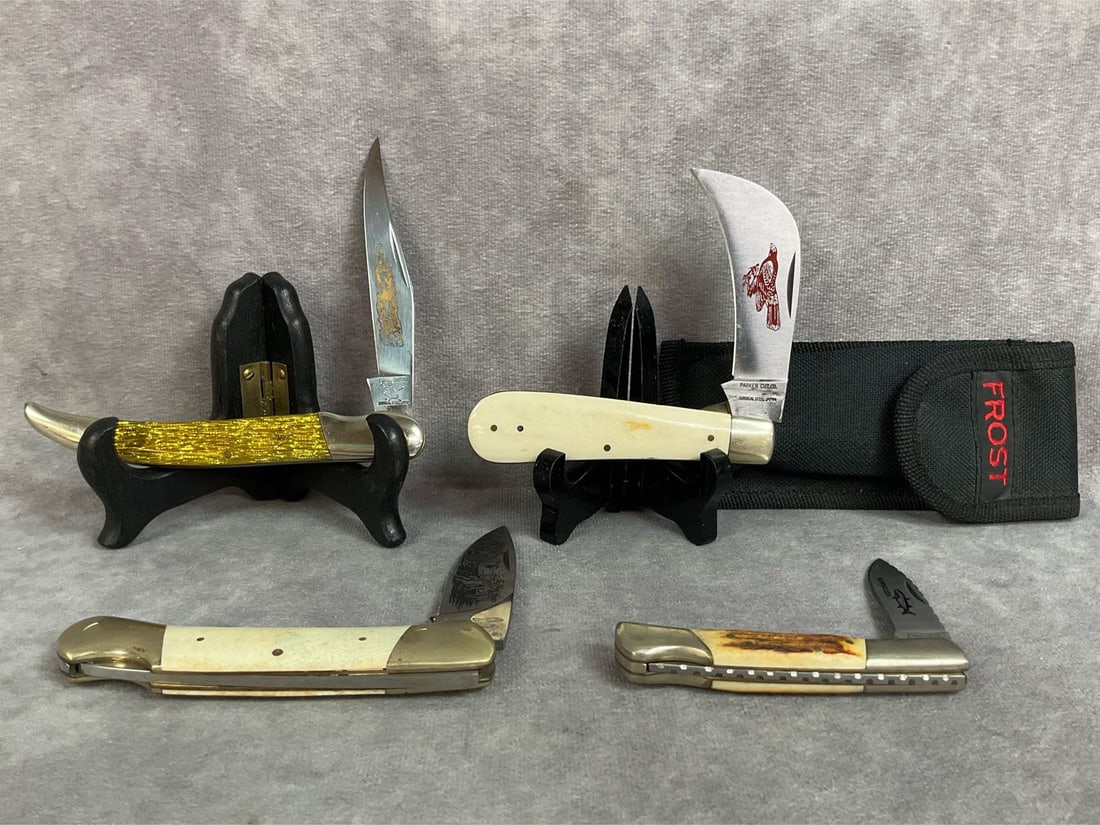 Parker & Frost Cutlery Knives: Four vintage pocketknives. Parker Cut.Co. Surgical steel Japan hawkbill knife with bone handle. Frost Cutlery Texas Toothpick, surgical steel Japan. Frost Cutlery Barracuda, surgical steel Japan with