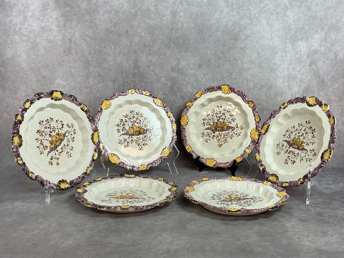 Meiselman Plates Made in Italy: Six Italian 1940s through 1960s hand painted purple and yellow shallow pie crust pottery plates. All plates show some scuffs and crazing throughout. Plates measure 9.75 inches diameter.