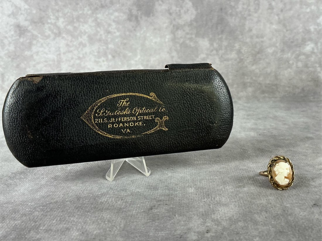 Gold Filled Cameo Ring & Glasses: Gold filled glasses with case that has P. Galeski Optical Co. of Roanoke, VA in gold letters. 10k gold filled cameo ring size 4. Glasses case measures 5 inches wide x 2 inches tall.