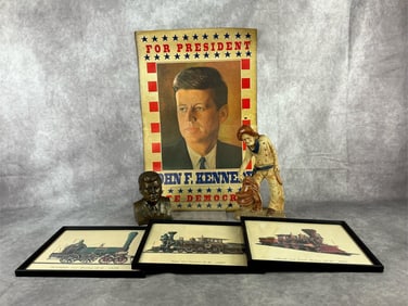 Kennedy Poster and Bank, Train Prints and Cowboy