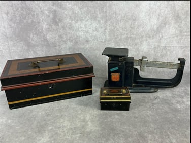 Vintage Mail Scale & Cash Boxes