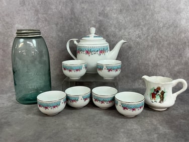 Cathay Teapot & Cups, Buster Brown Creamer & Mason Jar