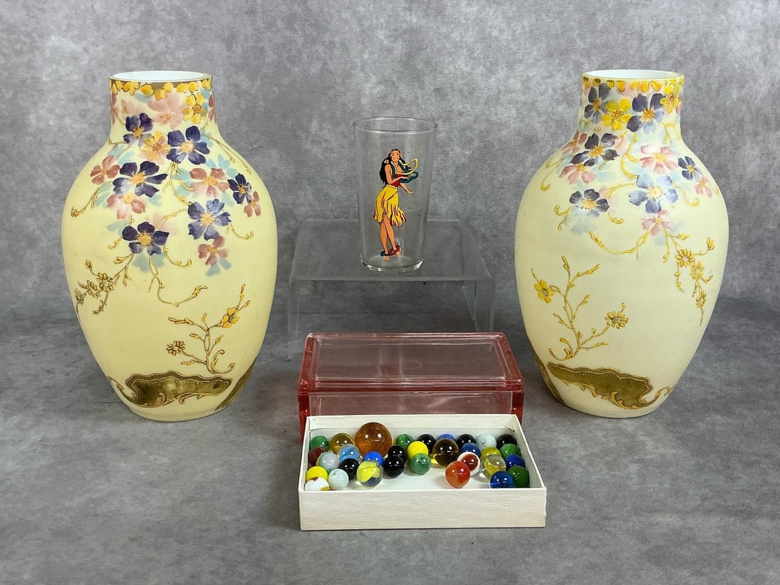 Nippon Vases & More: Mid century lot. Two Japanese porcelain Coralene Vases. Pink box glass soap dish and Hawaiian dancing girl cocktail glass. Forty assorted vintage marbles. All in good condition. Vases measure 3.5 inch