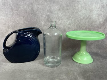 Fiesta Pitcher, Jadeite Cake Stand & Glass Bottle