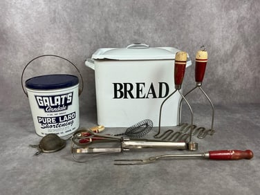 Enamel Bread Box, Lard Can & Kitchen Tools