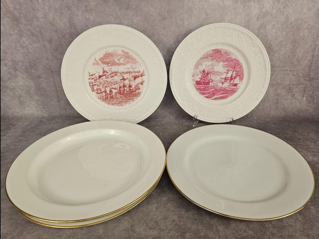 Decorative & Restaurant ware Plates: Two transferware plates made by Shenango Pottery Co. In New Castle, PA. One 12.25 inch, Mintons C.R. Crackers Syracuse, NY bowl. Two 12 inch, 10 Strawberry Street dinner plates made in Bangladesh. Goo