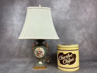 Mid Century Table Lamp & Charles Chips Can