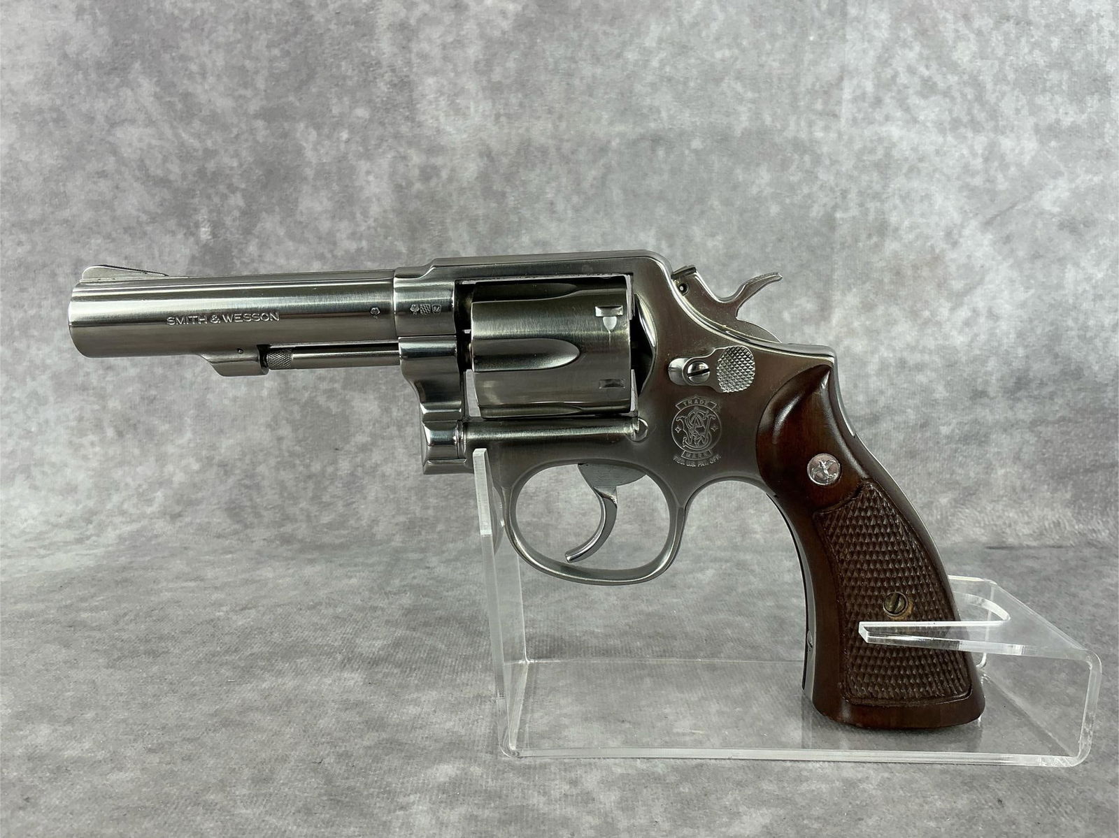 S&W Model 64-3 38 Revolver: Serial No. AUD0915, TGI Knox, TN. 38 Smith and Wesson. Nickel, with original grips. Very good condition, cylinder and bore are in good condition. Barrel measures 4 inches. Gun measures 11 inches total