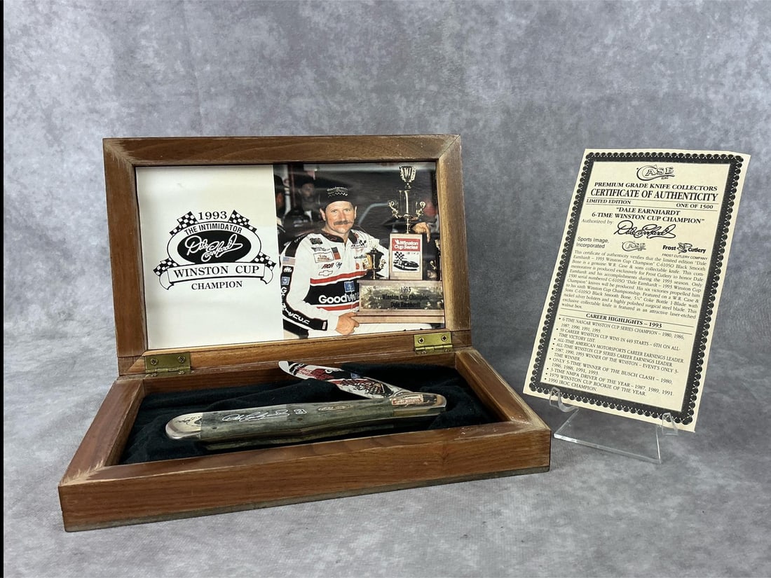 Case XX Dale Earnhardt 1993 Winston Cup Commemorative Knife: No. BKC1050SS. 586 of 1000. Comes with COA, and velour wooden box. Good condition, never sharpened or carried, tight snap. Minor scratches to bolsters, and rust on case emblem. Knife measures 5.5 inch