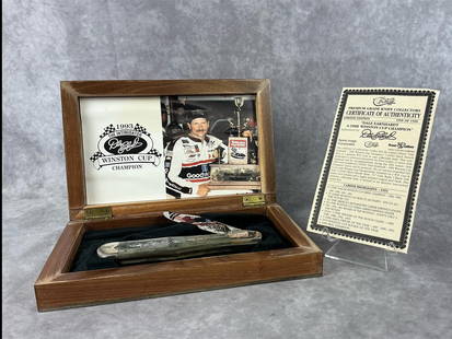 Case XX Dale Earnhardt 1993 Winston Cup Commemorative Knife: No. BKC1050SS. 586 of 1000. Comes with COA, and velour wooden box. Good condition, never sharpened or carried, tight snap. Minor scratches to bolsters, and rust on case emblem. Knife measures 5.5 inch