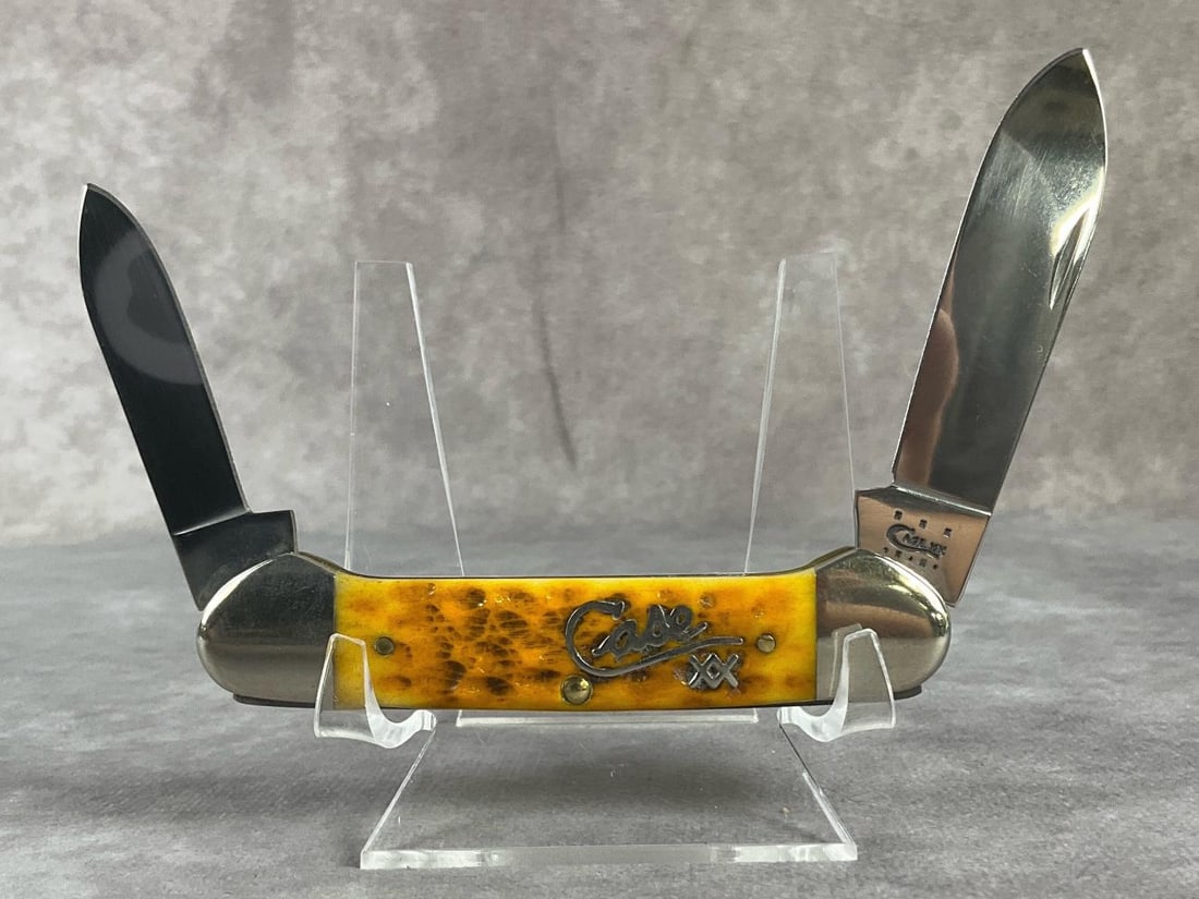 Case XX Canoe Knife: USA 62131 SS. Stag handles with silver script. Minor scuffs to bolsters and back straps. Never sharpened or carried, tight snap. Measures 3.5 inches closed.